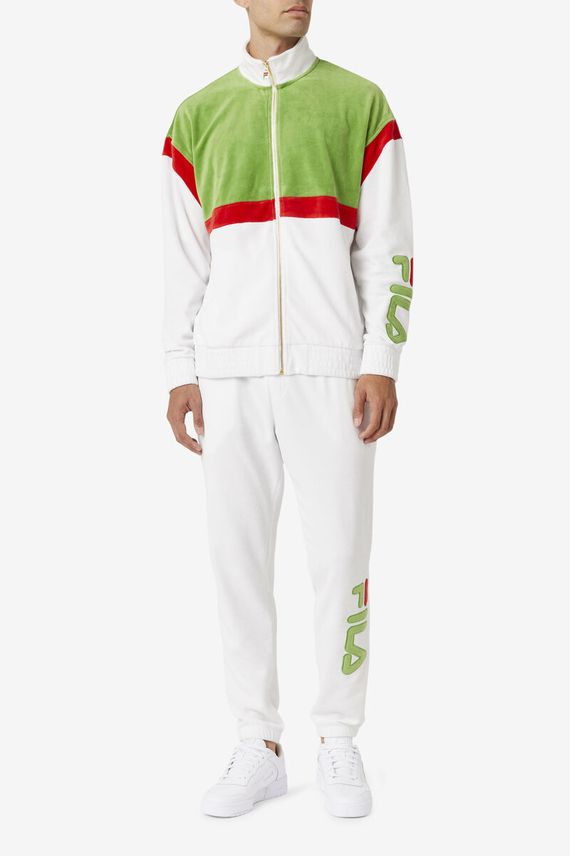 White / Green / Red Men's Fila Mansur Velour Pant Tracksuits | WeFfOSC8ReV