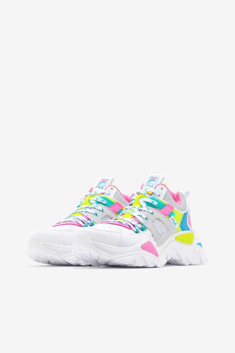 White / Grey / Yellow Women's Fila Cage Mid Mixed Media Trainers | fGYNgQkC8bk