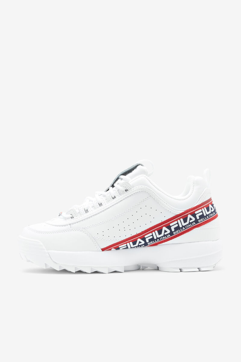 White / Navy / Red Men's Fila Disruptor 2 Premium Logo Tape Platform Shoes | tSKyFh6cWgl