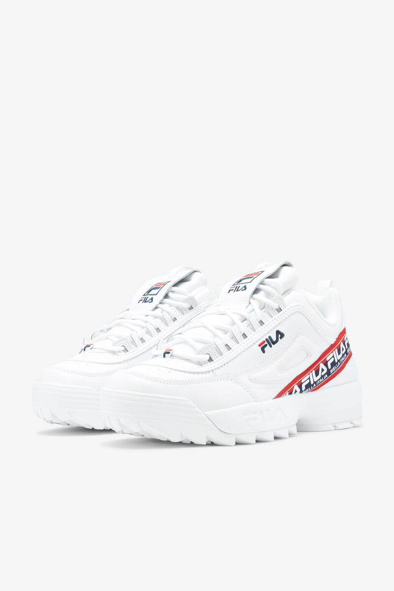 White / Navy / Red Men's Fila Disruptor 2 Premium Logo Tape Platform Shoes | tSKyFh6cWgl