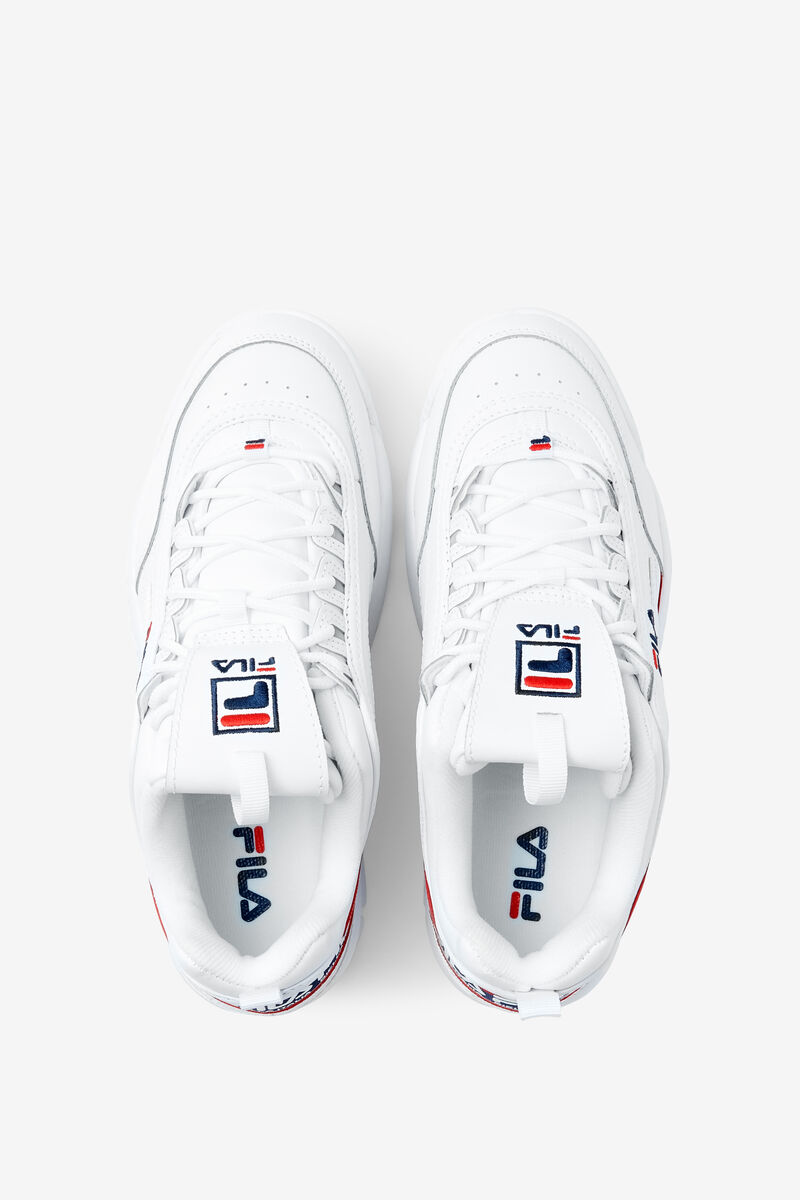 White / Navy / Red Men's Fila Disruptor 2 Premium Logo Tape Platform Shoes | tSKyFh6cWgl