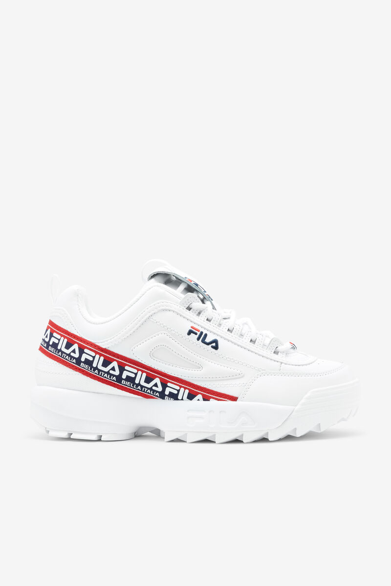 White / Navy / Red Men\'s Fila Disruptor 2 Premium Logo Tape Platform Shoes | tSKyFh6cWgl