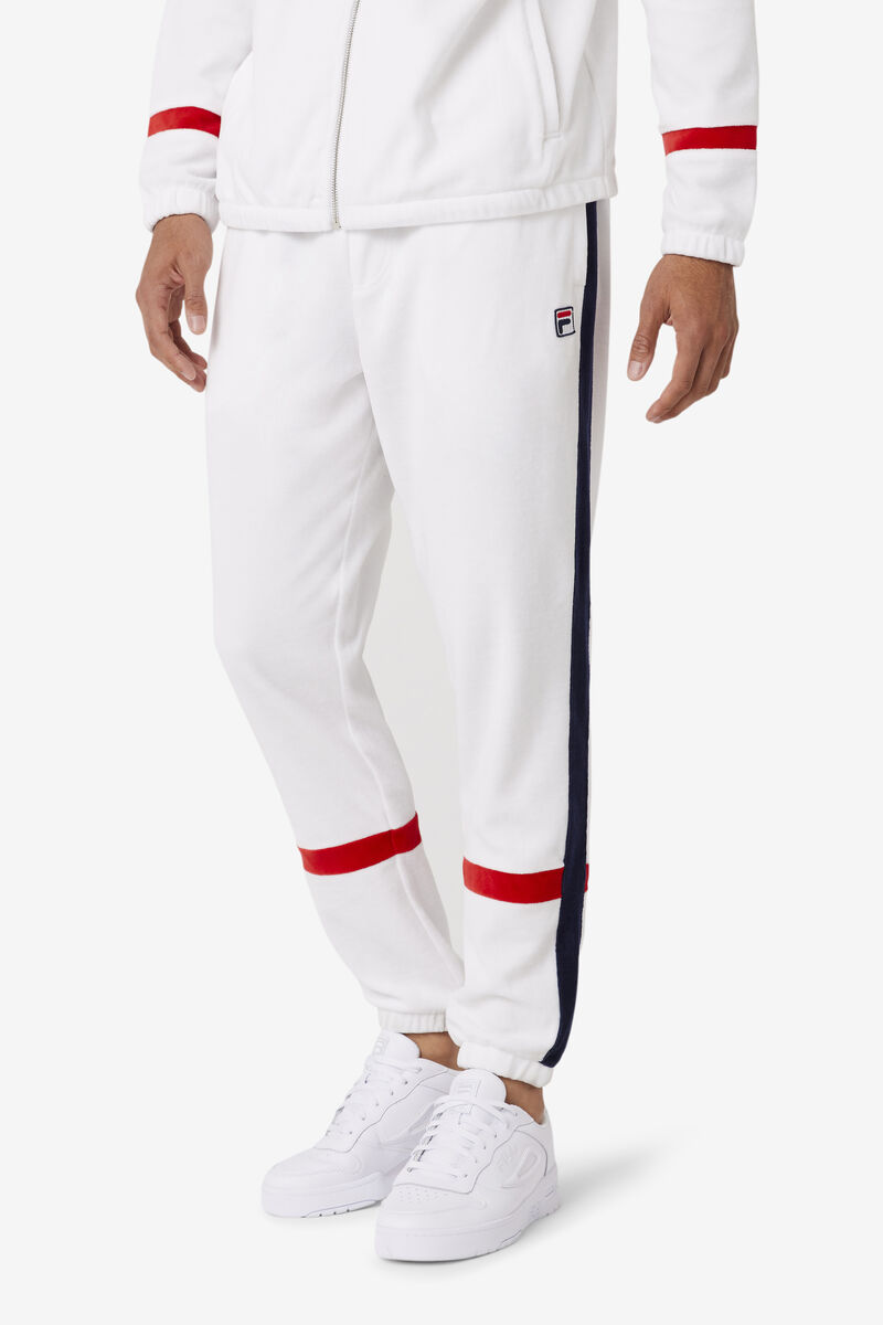 White / Navy / Red Men's Fila Ravid Velour Pant Tracksuits | DHUUXNijEKh