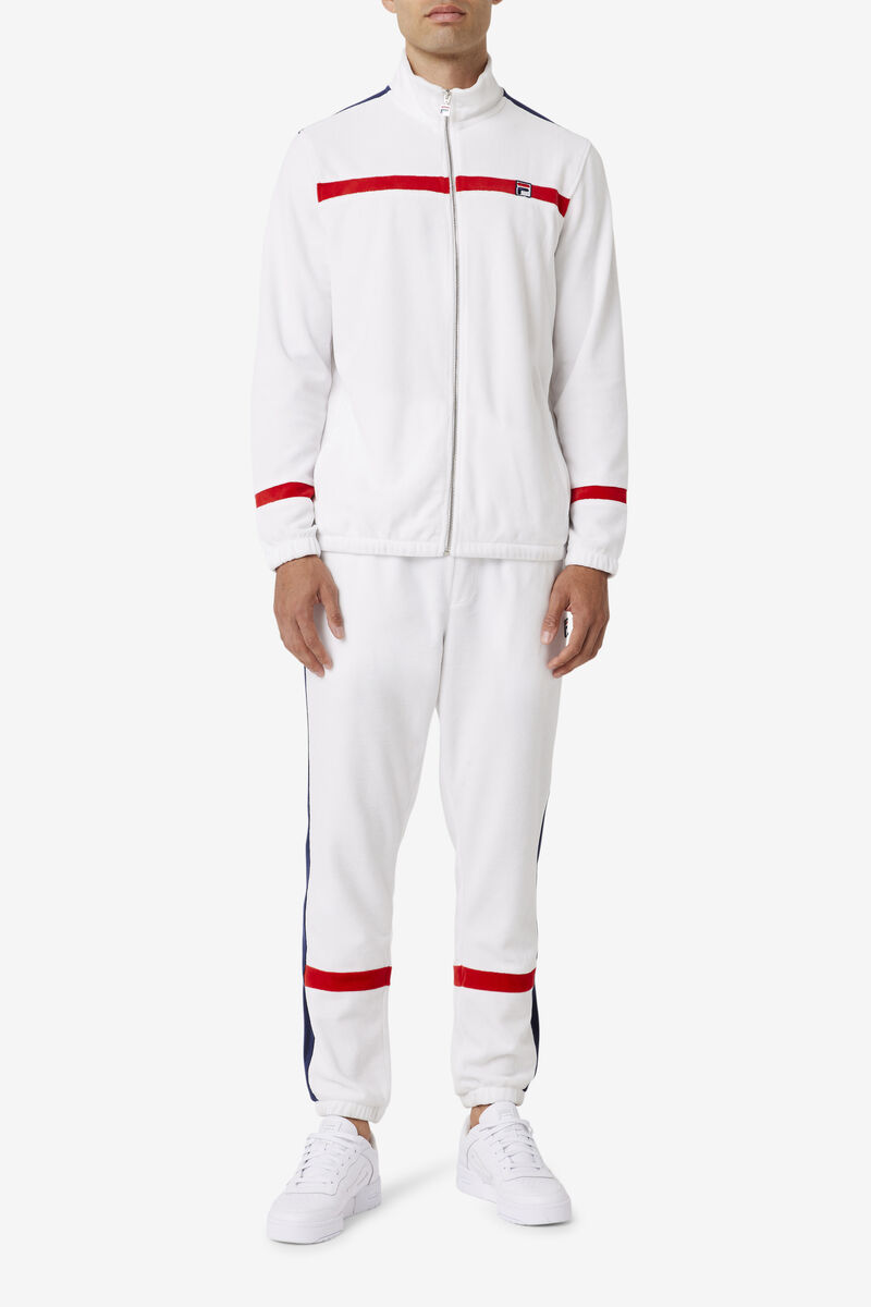 White / Navy / Red Men's Fila Ravid Velour Pant Tracksuits | DHUUXNijEKh