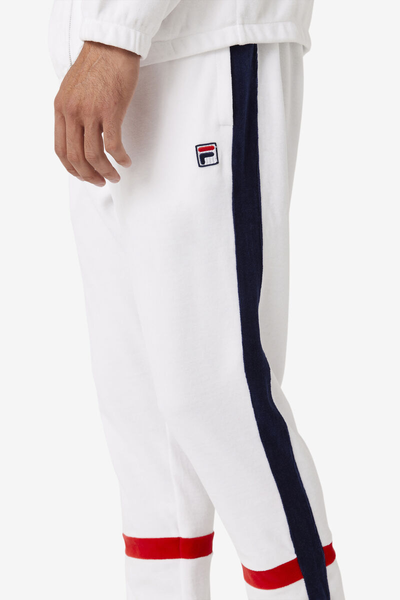 White / Navy / Red Men's Fila Ravid Velour Pant Tracksuits | DHUUXNijEKh