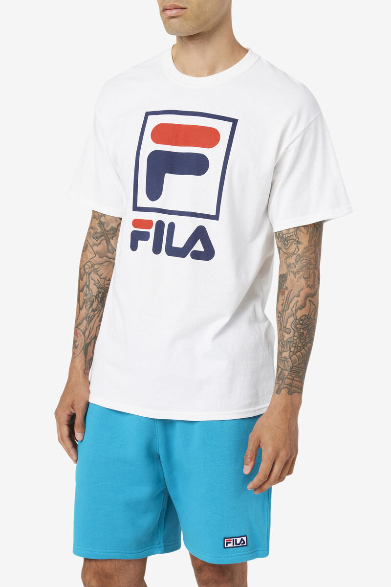 White / Navy / Red Men's Fila Stacked Shirt T Shirts | qaWRoBceWVo