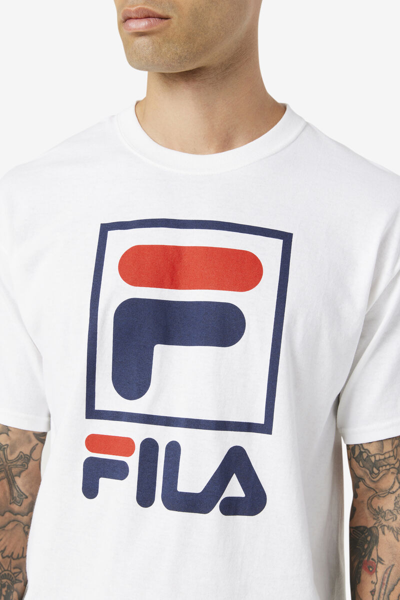 White / Navy / Red Men's Fila Stacked Shirt T Shirts | qaWRoBceWVo