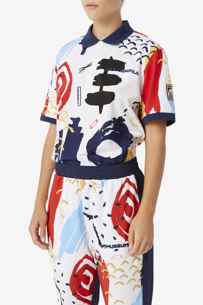 White / Navy / Red Women's Fila Fila X The Museum Printed Polo Polos | c2AAI8vhoWb