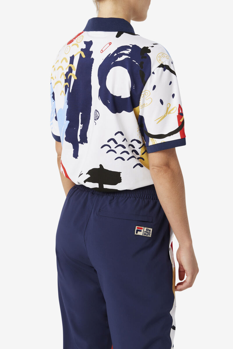 White / Navy / Red Women's Fila Fila X The Museum Printed Polo Polos | c2AAI8vhoWb