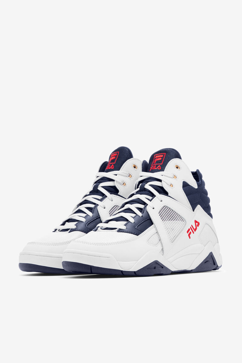 White / Red / Blue Men's Fila Cage Mid Top Basketball Shoes | Fila Trainers | zhjpgR4ISiI