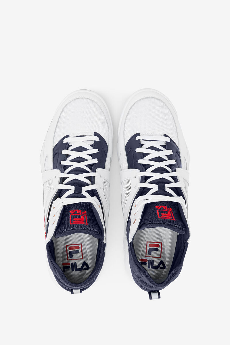 White / Red / Blue Men's Fila Cage Mid Top Basketball Shoes | Fila Trainers | zhjpgR4ISiI