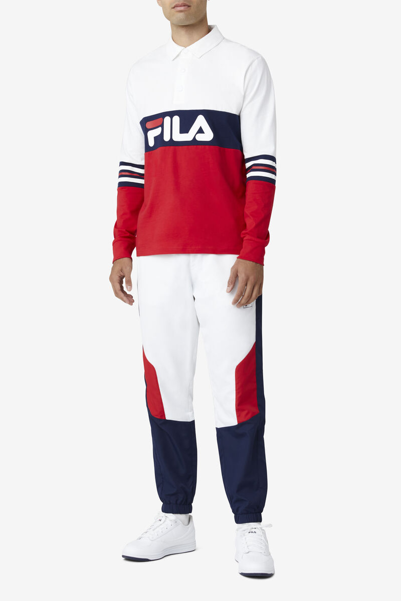 White / Red / Navy Men's Fila Syd Long Sleeve Polo Polos | kSN6UIfmdDy