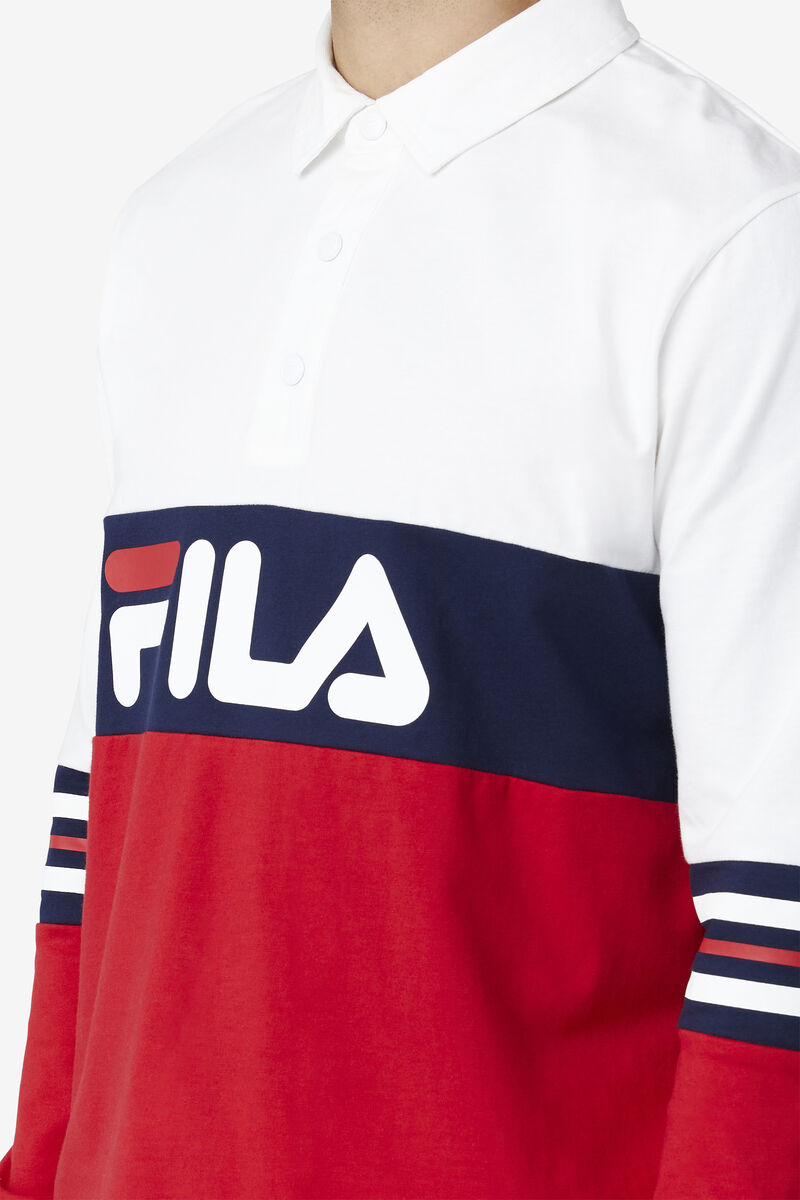 White / Red / Navy Men's Fila Syd Long Sleeve Polo Polos | kSN6UIfmdDy