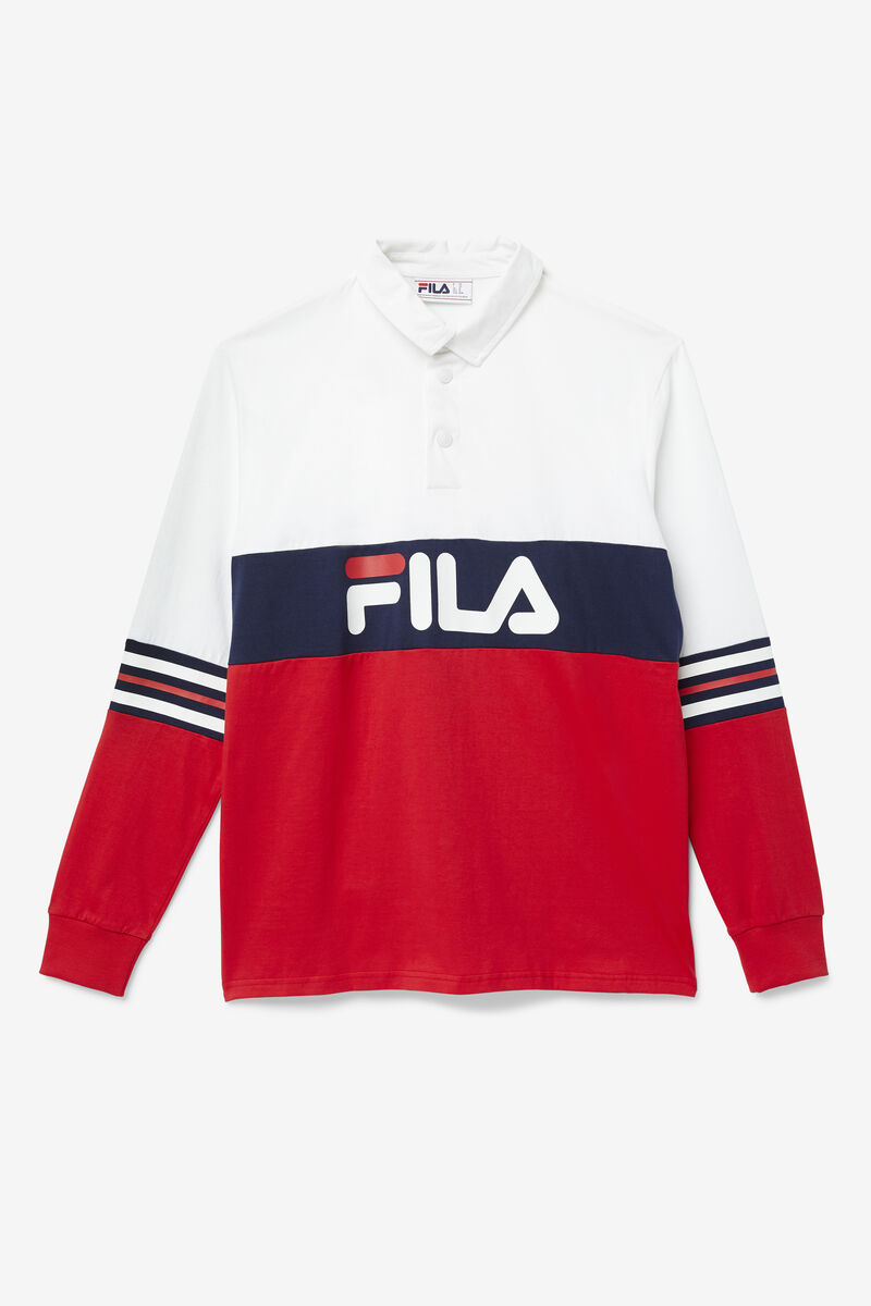 White / Red / Navy Men\'s Fila Syd Long Sleeve Polo Polos | kSN6UIfmdDy