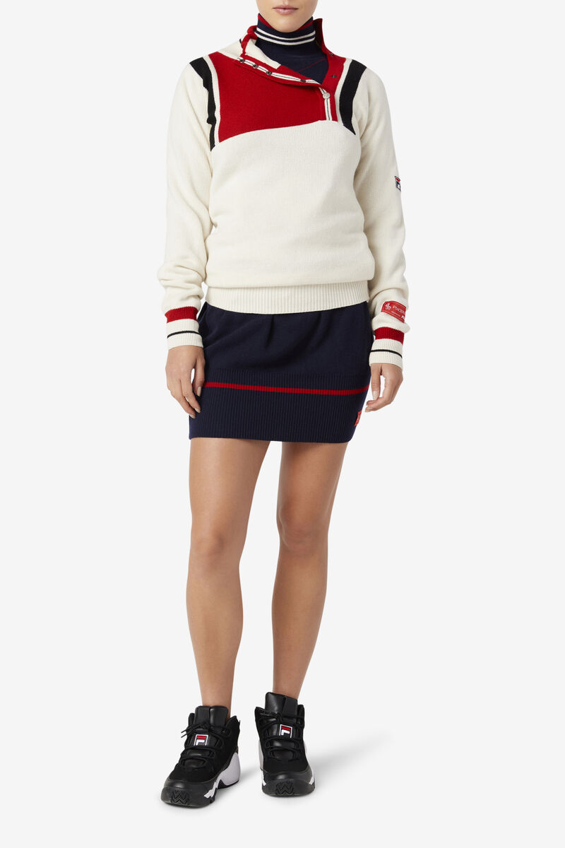 White / Red / Navy Women's Fila 110 White Rock Button Fly Cashmere Jumper Sweaters | o7qMswxNIw8