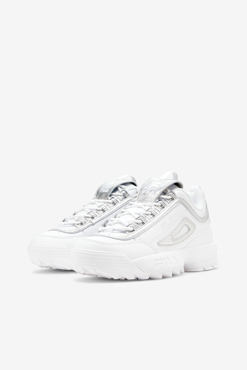 White / White / Metal Silver Women's Fila Disruptor 2 Creased Metallic Platform Shoes | g9yk2DF93XC