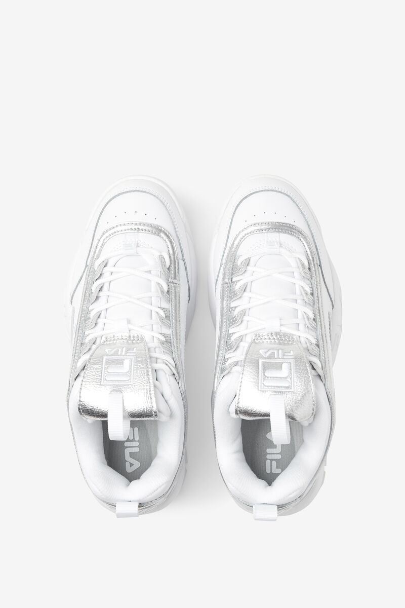 White / White / Metal Silver Women's Fila Disruptor 2 Creased Metallic Platform Shoes | g9yk2DF93XC