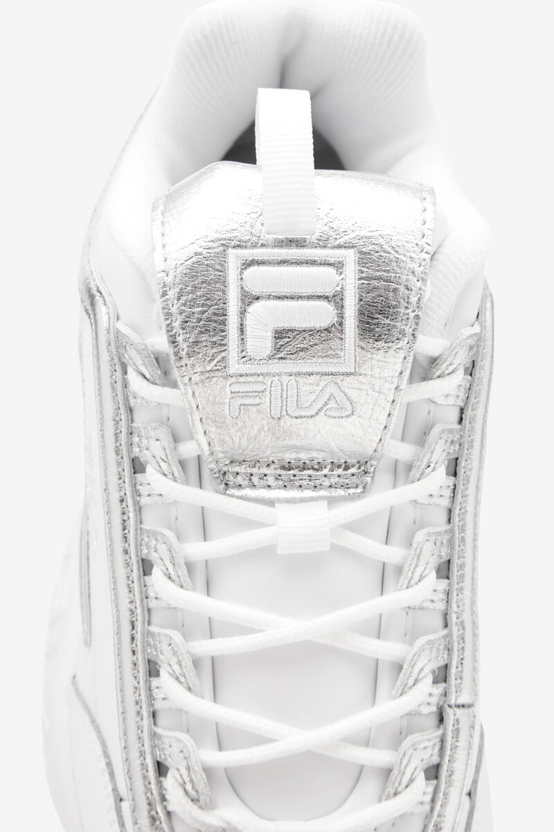 White / White / Metal Silver Women's Fila Disruptor 2 Creased Metallic Platform Shoes | g9yk2DF93XC